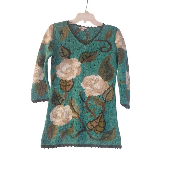 Peruvian Connection Sweater Womens XS Blue Floral Knit Quarter Sleeve Pullover - Picture 1 of 14